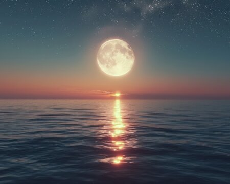 Serene Twilight Sky with Full Moon Rising Over Tranquil Ocean Horizon, Wide-Angle View of Night Sky with Stars and Milky Way, Stunning Nature Photography