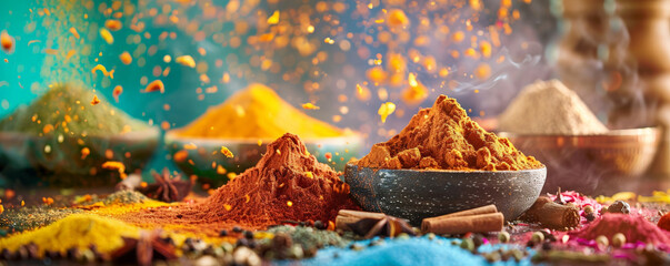 A vibrant display of spices being used in a cooking demonstration, with colorful powders and whole spices arranged in an engaging manner. The lively scene captures the essence of culinary creativity.