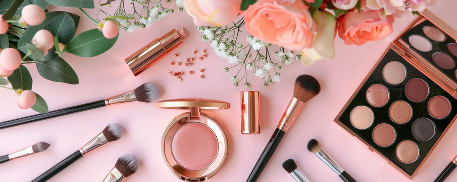 A rose gold table with makeup products and brushes artistically arranged. The trendy and fashionable color of the table adds a modern and chic vibe to the beauty display.