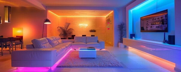 The enchanting ambiance of a modern basement, with LED strips casting a warm, colorful glow on the minimalist furniture and contemporary decor, creating a stylish retreat.