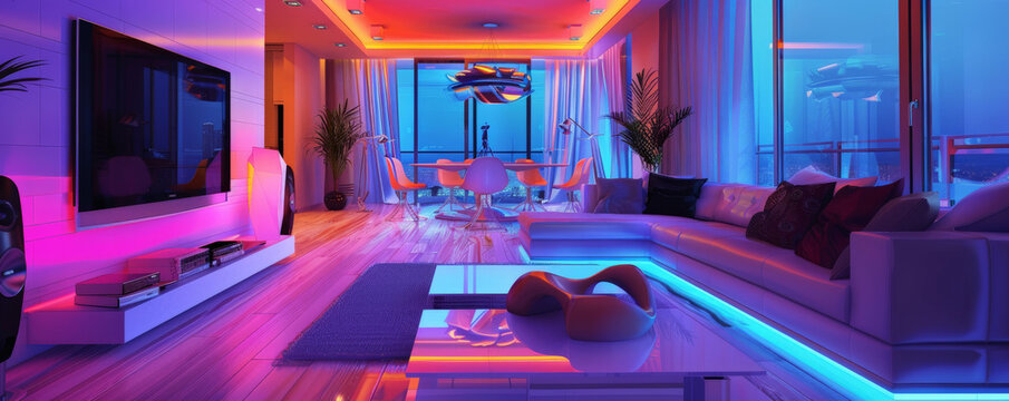 The vibrant atmosphere of a modern interior adorned with LED lighting, enhancing the sleek lines, modern furniture, and stylish decor with a touch of colorful illumination.