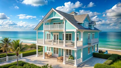 Serene coastal haven featuring a two-story pastel blue and white beach house with spacious balcony overlooking turquoise ocean views.