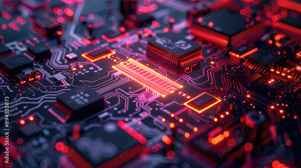 Poster detailed view of a microchip circuit board illuminated with red lights, showcasing advanced technolo