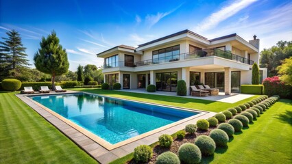 Fototapeta premium Luxurious modern mansion with pristine swimming pool and meticulously manicured lawn, surrounded by lush greenery and clear blue sky backdrop.
