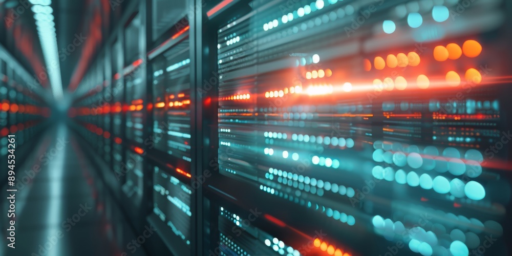 Poster server room with data flowing through
