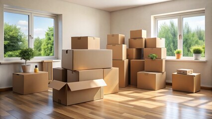 Sturdy brown cardboard boxes of various sizes stacked neatly in an empty room, awaiting unpacking in a new residence setting.