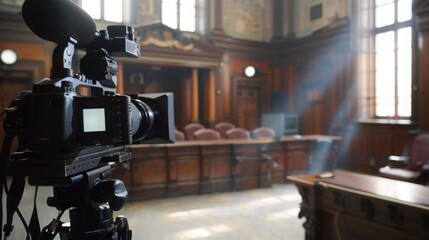 A video camera, mounted on a tripod, is set up in a courtroom, facing the judge's bench and jury box. The courtroom is empty, with sunlight streaming through the windows.