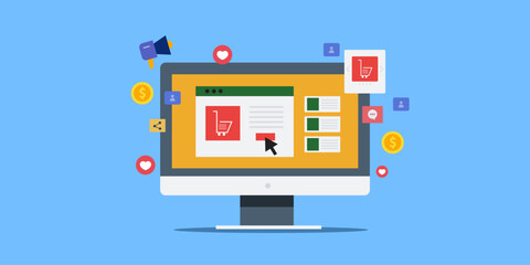 Ecommerce social selling concept. Online business using social media platforms to engage with customers and drive sales conceptual vector illustration.