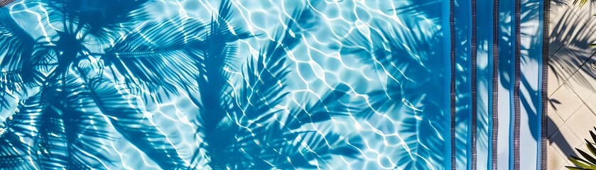 Top view of a swimming pool with palm leaves casting shadows on the water