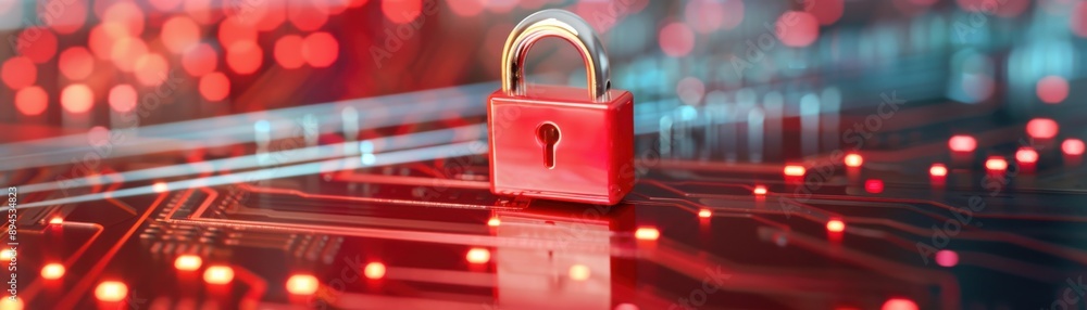 Poster cybersecurity concept image featuring a red padlock on a digital circuit board, signifying data prot