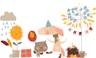 Happy Cartoon Friends Animals celebrating Autumn Birthday. Vector Illustration