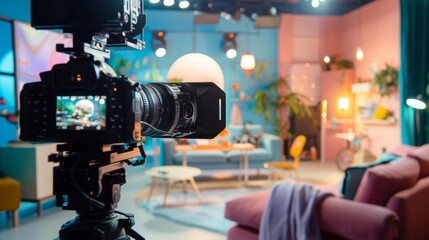 A professional camera on a tripod is set up and filming an interior living room set, likely for a TV show or commercial. The set has colorful furniture, plants, and lighting.