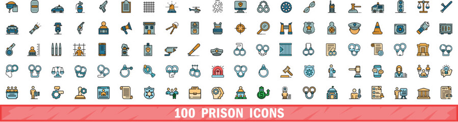 100 prison icons set. Color line set of prison vector icons thin line color flat on white
