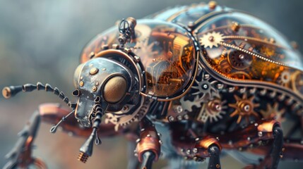 Fototapeta premium Steampunk-inspired mechanical insect with intricate gears, pipes, and mechanical components, suggesting a blend of organic and mechanical elements