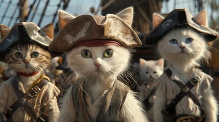 Anthropomorphic cats dressed in pirate attire, with a prominent white cat in the foreground wearing a tricorn hat and a red bandana