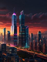 Stunning Futuristic Cityscape at Sunset Featuring Towering Skyscrapers with Neon Lights, Showcasing Modern Urban Architecture and Vibrant Colors