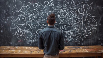 A person stands before a blackboard covered in chaotic lines and question marks, representing a cluttered mind with business challenges.