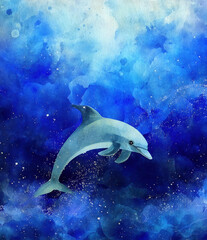 Obraz premium watercolor painting a portrait of a dolphin underwater and sun rays
