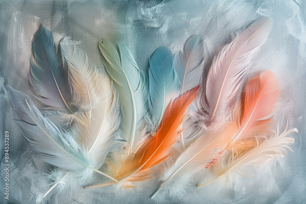 Poster Collection of soft, multicolored feathers arranged on a painted canvas texture