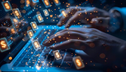 Fototapeta premium A person at a laptop with glowing dollar signs floating nearby, symbolizing making money online. The image is a high-resolution, realistic stock photo with a glowing Unreal Engine render style.