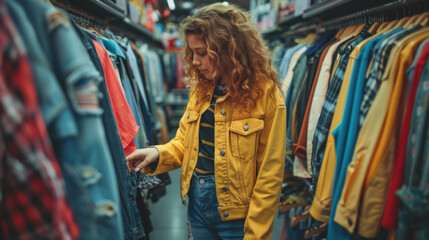 Young woman browsing through clothing racks in a thrift store, wearing a yellow jacket and looking at items.