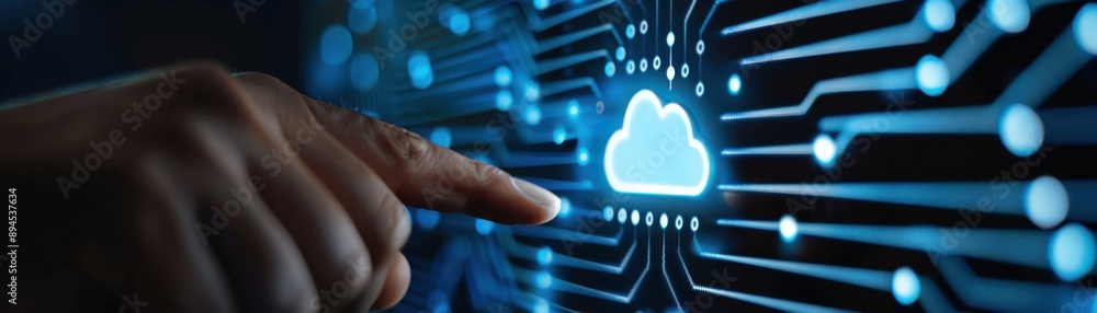 Poster finger pointing at digital cloud icon with blue circuitry background, representing cloud computing a