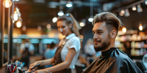 Fototapeta premium A man getting a haircut in a modern barbershop, smiling, with the hairdresser working in the background