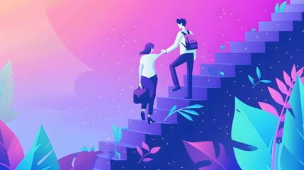Business mentor helps to improve career and holding stairs steps vector illustration. Mentorship, upskills, climb help and self development strategy flat style design business concept. 