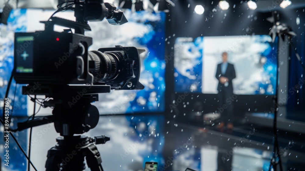 Poster in a studio, a camera focuses on a screen showing weather, as a news anchor's figure stands blurred 