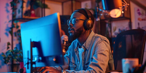 A man streaming or recording a podcast in a home studio, wearing headphones and speaking into a microphone
