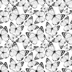Seamless pattern of realistic butterfly. Hand drawn illustration. Painted  butterflies elements on white background. Black and white. Animal motif. For fabric, textile, design, banner, wrapping paper