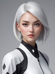 Striking Image of a Futuristic Woman with White Hair in a Stylish Outfit, Showcasing Modern Fashion and Elegance