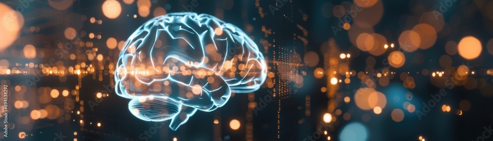 Poster futuristic digital rendering of a human brain, symbolizing advanced technology, artificial intellige