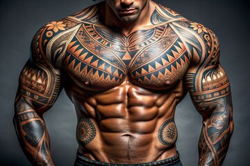 Intricately detailed Polynesian style tattoo artwork adorns a muscular athletic male body, showcasing vibrant patterns, tribal designs, and skin painting on toned skin.
