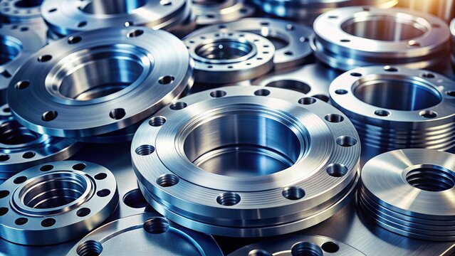 Metallic industrial steel parts with circular shape and subtle texture, showcased in a close-up perspective with selective toning, highlighting machinery details.