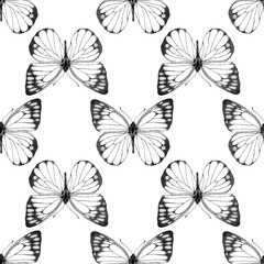 Obraz premium Seamless pattern of realistic butterfly. Hand drawn illustration. Black and white. Animal motif. Painted butterflies elements on white background. For fabric, wrapping paper, textile, design, banner