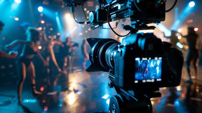 A professional camera captures a performance of dancers on stage under bright lights. The dancers are blurred in the background.