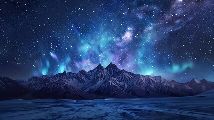 Naklejka premium Beautiful starry sky, aurora, snow capped mountains and land background illustration, dreamy galaxy, night sky abstract poster webpage design 