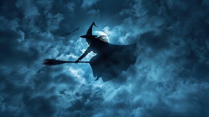 Fototapeta premium Witch Flying on Broomstick Against Dark night Sky