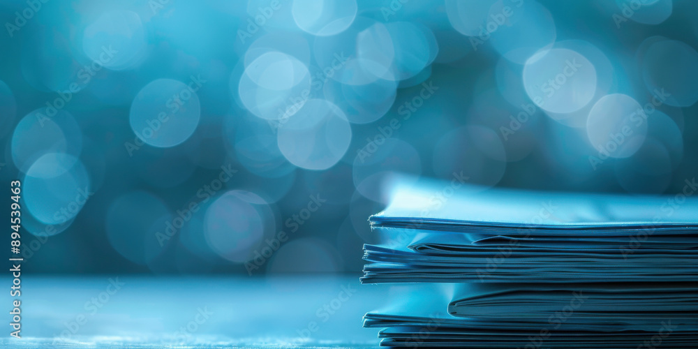 Poster stack of documents or papers placed on a table with blue bokeh lights in the background, symbolizing