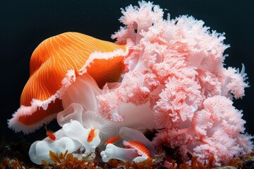 Orange and pink jellyfish in underwater coral reef