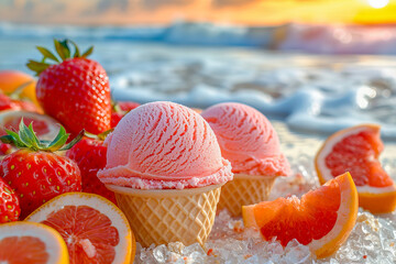 Two strawberry ice cream cones resting on ice with sliced grapefruit and strawberries on a beach at sunset