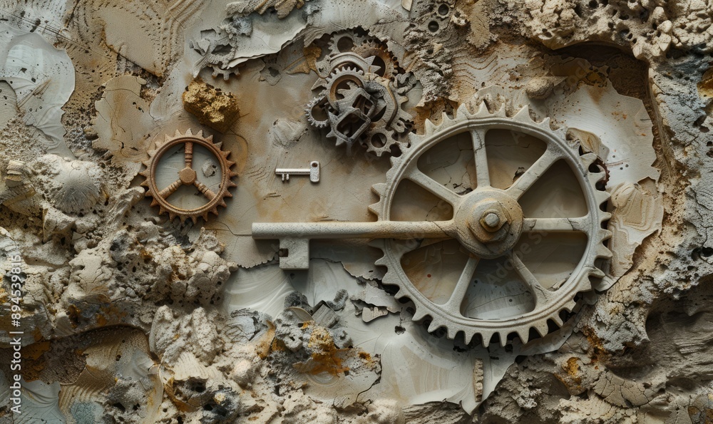 Poster found objects like keys and gears are embedded in plaster, creating a textural and narrative artwork