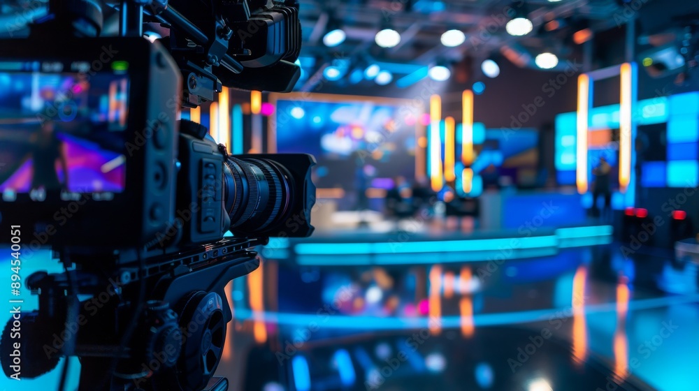 Poster a professional video camera is pointed at a television studio set with brightly lit blue and orange 