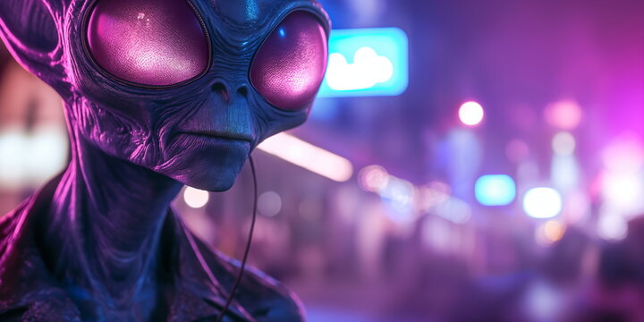 Alien with large eyes standing under neon lights in a city. UFO concept. Greeting card, banner, template with copy space