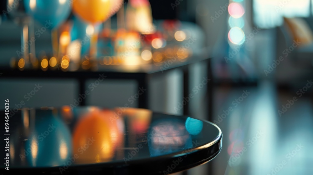 Poster a close-up shot of a black tabletop with a blurred background of a party, with balloons and lights o