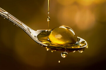 Drops of olive oil drip beautifully from a spoon.
