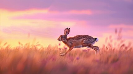 Swift Hare Running Across a Vast Open Field at Dusk in a Beautiful Scenic Landscape Suitable for Nature Prints and Posters