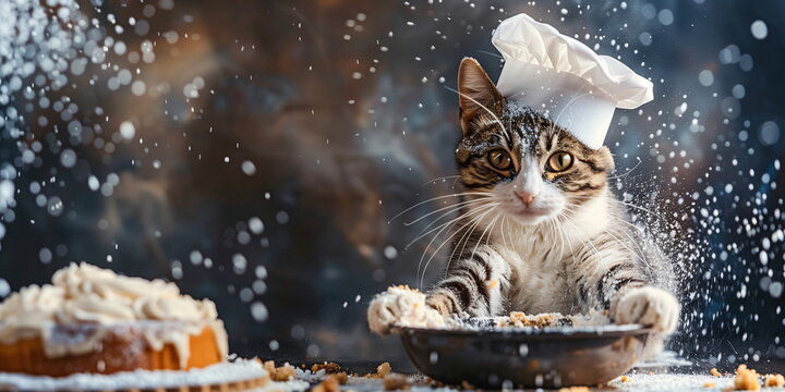 Cat wearing a chef hat baking with flour flying around. Announcement poster or banner