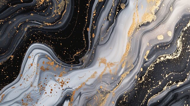 Abstract fluid art background blac, white ,silver and gold colors. Liquid marble. Acrylic painting on canvas with gray glitter and gradient. Ink beige backdrop with shiny wavy pattern